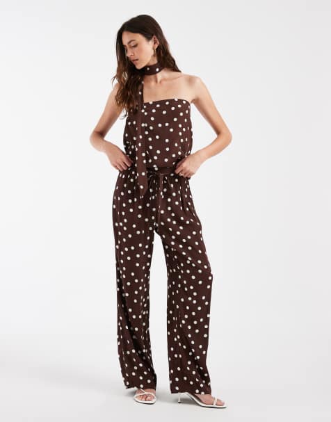 Vero Moda - Pantaloni a fondo ampio in tessuto color cioccolato e bianco a pois in coordinato - view 1