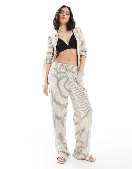 Vero Moda - Pantaloni a fondo ampio mix and match in misto lino color crema a righe in coordinato