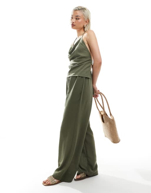 Vero Moda - Pantaloni a vita alta effetto lino color verde erba con fondo ampio in coordinato