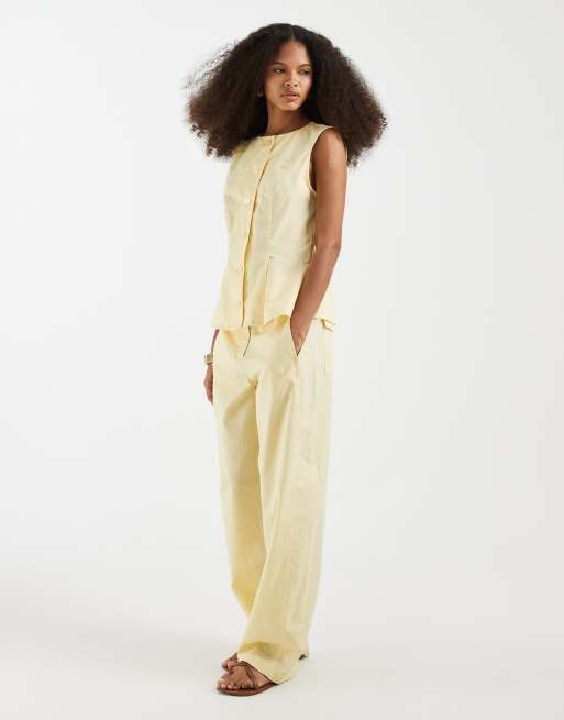 Vero Moda - Completo sartoriale giallo banana effetto lino con gilet e pantaloni bombati, 3 di 3
