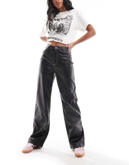 Vero Moda - Pantaloni dad fit a fondo ampio neri in pelle sintetica con cuciture bianche a contrasto 