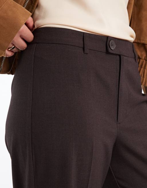 Vero Moda - Pantaloni dritti a vita medio alta color cioccolato mélange con pieghe frontali, 3 di 5