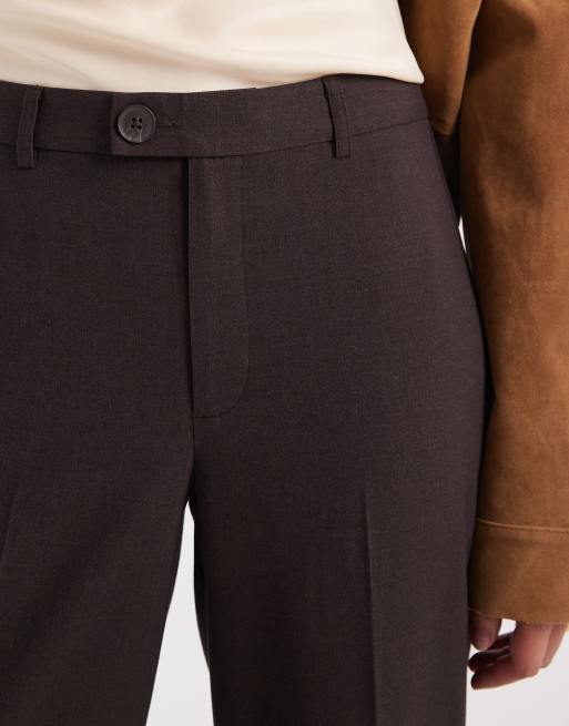 Vero Moda - Pantaloni dritti a vita medio alta color cioccolato mélange con pieghe frontali, 5 di 5