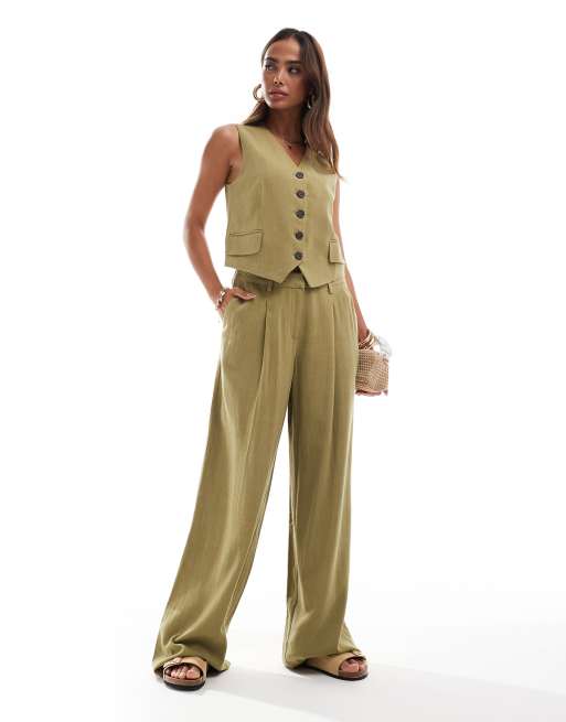 Vero Moda - Pantaloni in misto lino color oliva con piega sul davanti in coordinato 