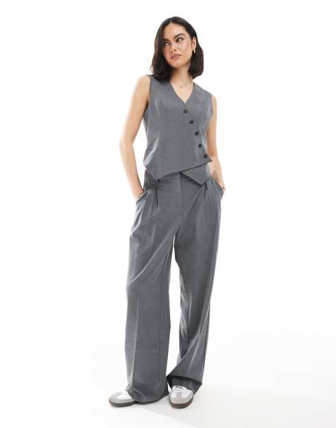 Vero Moda - Pantaloni larghi grigio scuro mélange con pieghe sul davanti in coordinato - view 1