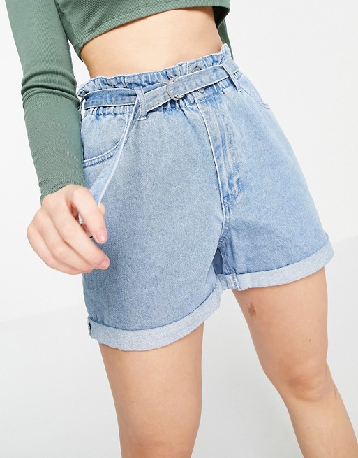 Vero Moda paperbag waist denim shorts with elasticated back in light bliue