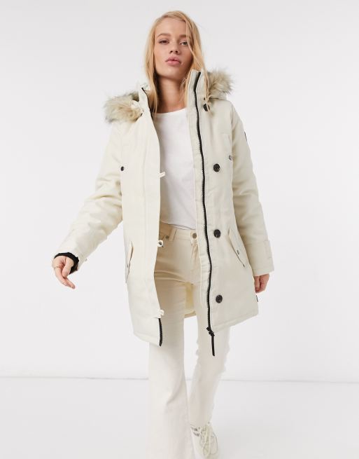 Cream parka with cheap fur hood