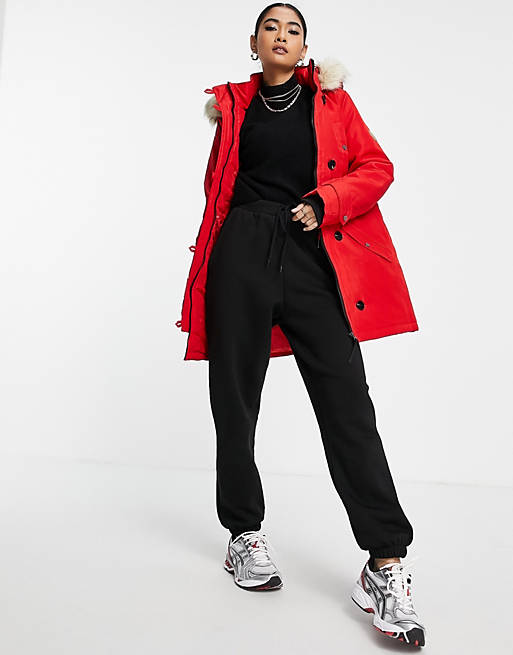 Vero Moda parka with faux fur lined hood in red