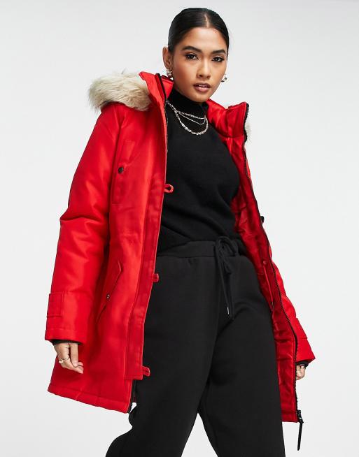 Vero Moda parka faux fur lined hood red ASOS