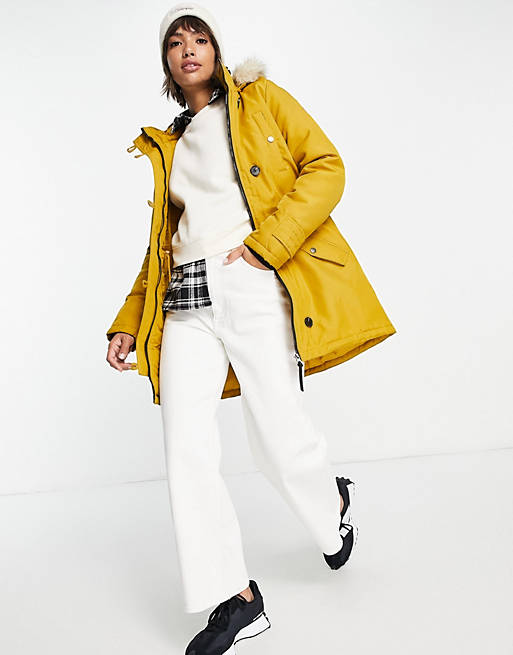 Vero Moda parka with faux fur lined hood In yellow