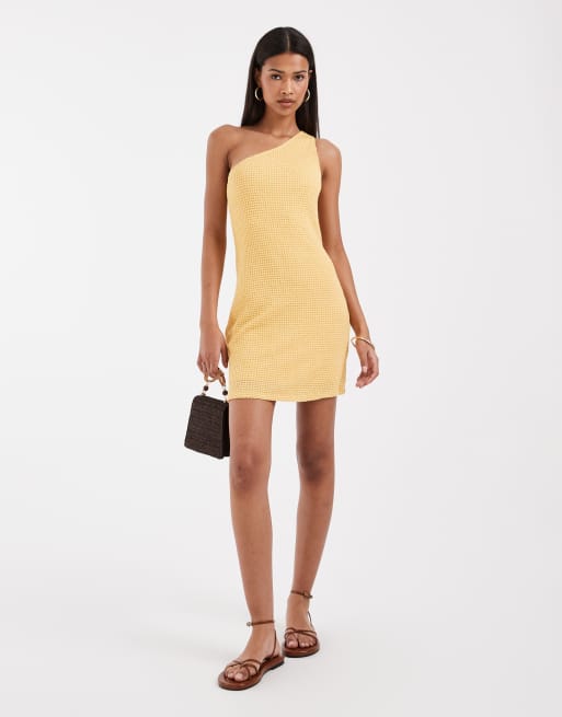 Vero Moda – Pastelowożółta szydełkowana sukienka mini na jedno ramię, 2 z 4