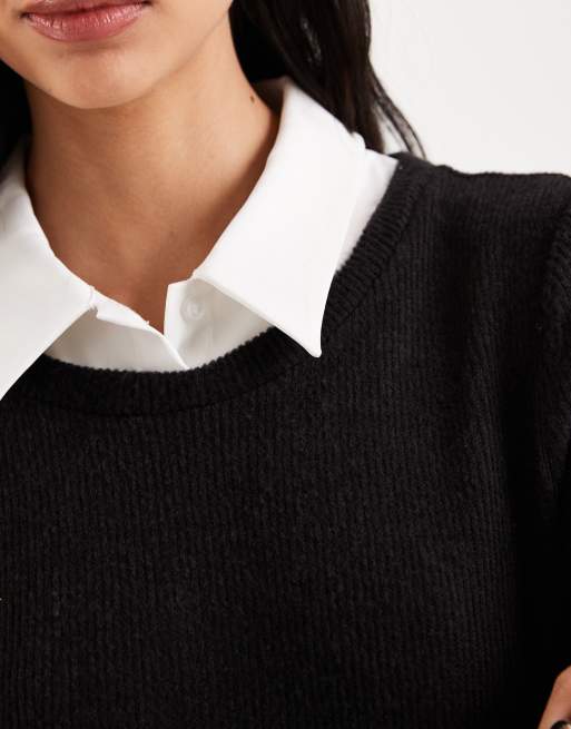 Vero Moda Petite – 2-i-1 – Svart, stickad miniklänning med långa ärmar och poplinkrage, 2 av 4