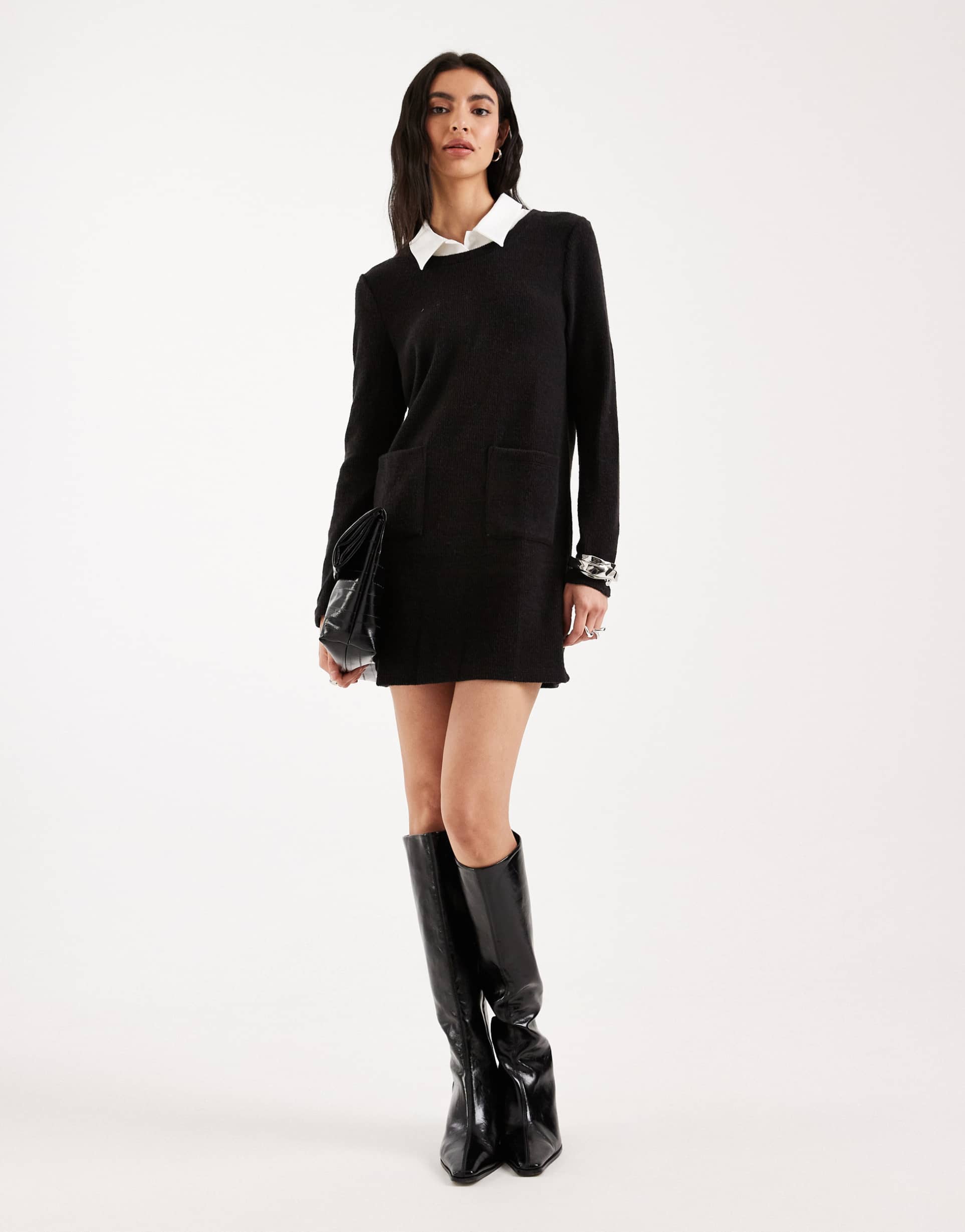 vero moda petite 2 in 1 long sleeve knit mini dress with poplin collar in black