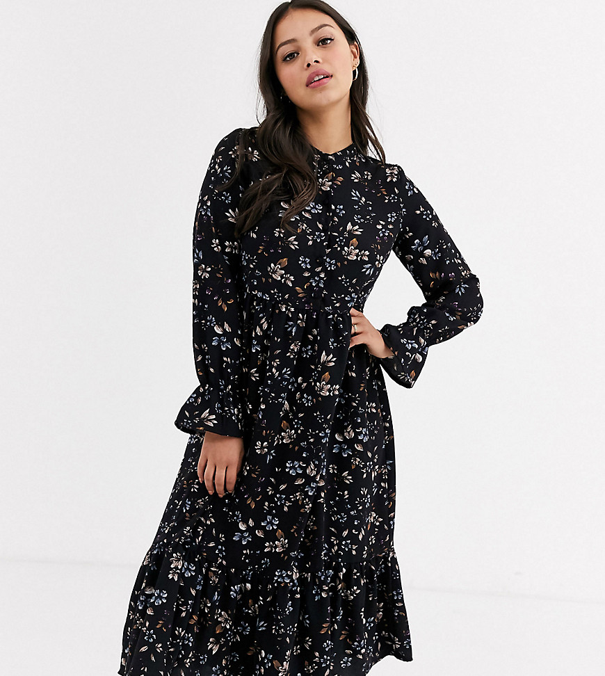 Vero Moda Petite - Aangerimpelde midi-jurk in zwart met fijne bloemenprint-Multi