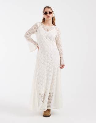 Vero Moda Petite all over floral lace boho maxi dress with godet skirt in cream