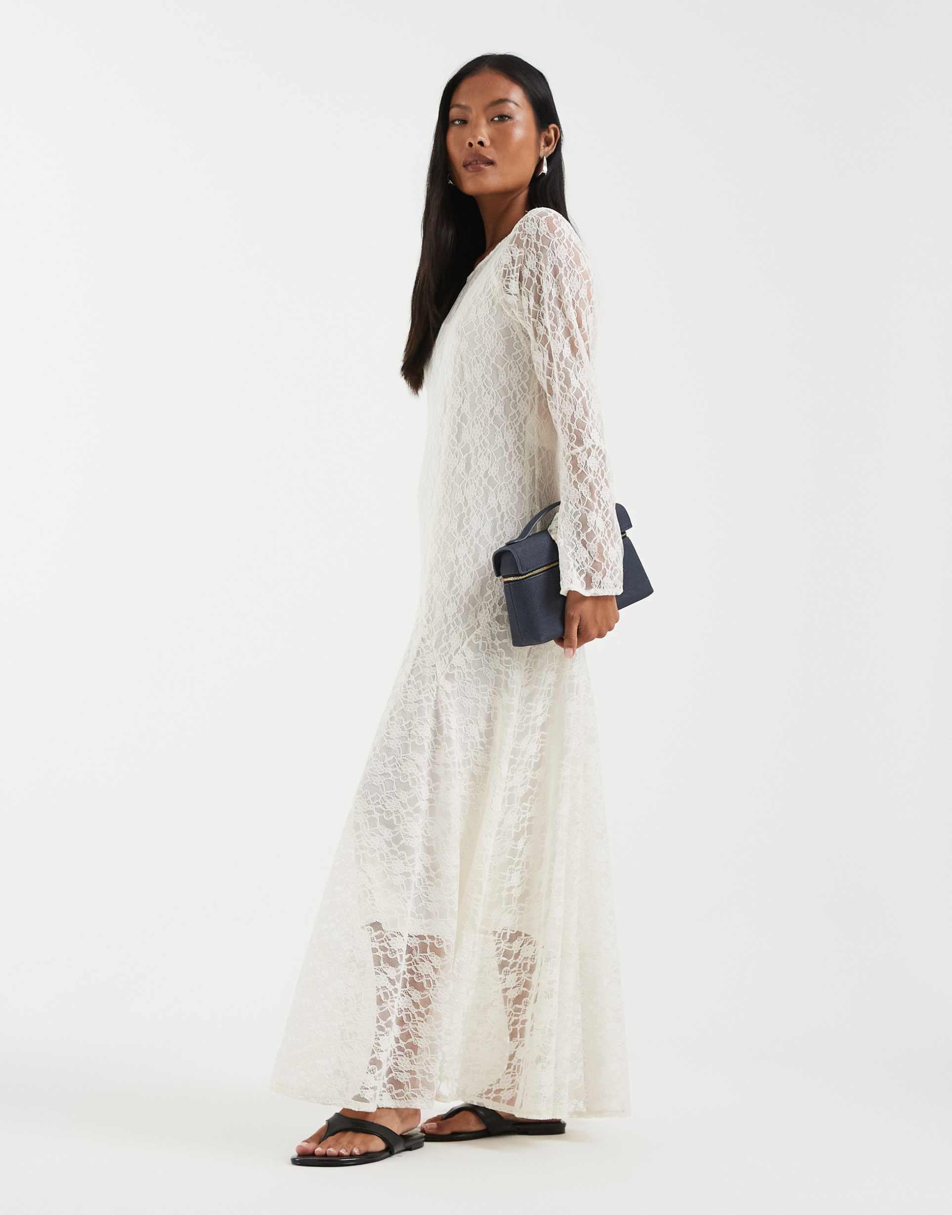vero moda petite all over floral lace boho maxi dress with godet skirt in cream