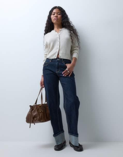 Vero Moda Petite Allison mid rise straight leg seam detail jeans with fold up in dark blue denim - view 1