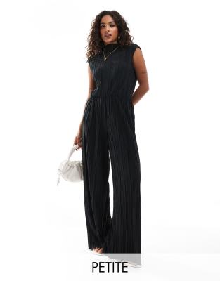 Vero Moda Petite - Ärmelloser, hochgeschlossener Plissee-Jumpsuit in Schwarz