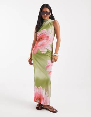 Petite - Ärmelloses Maxikleid mit Raffung und großem Blumenmuster-Grün Grün XL