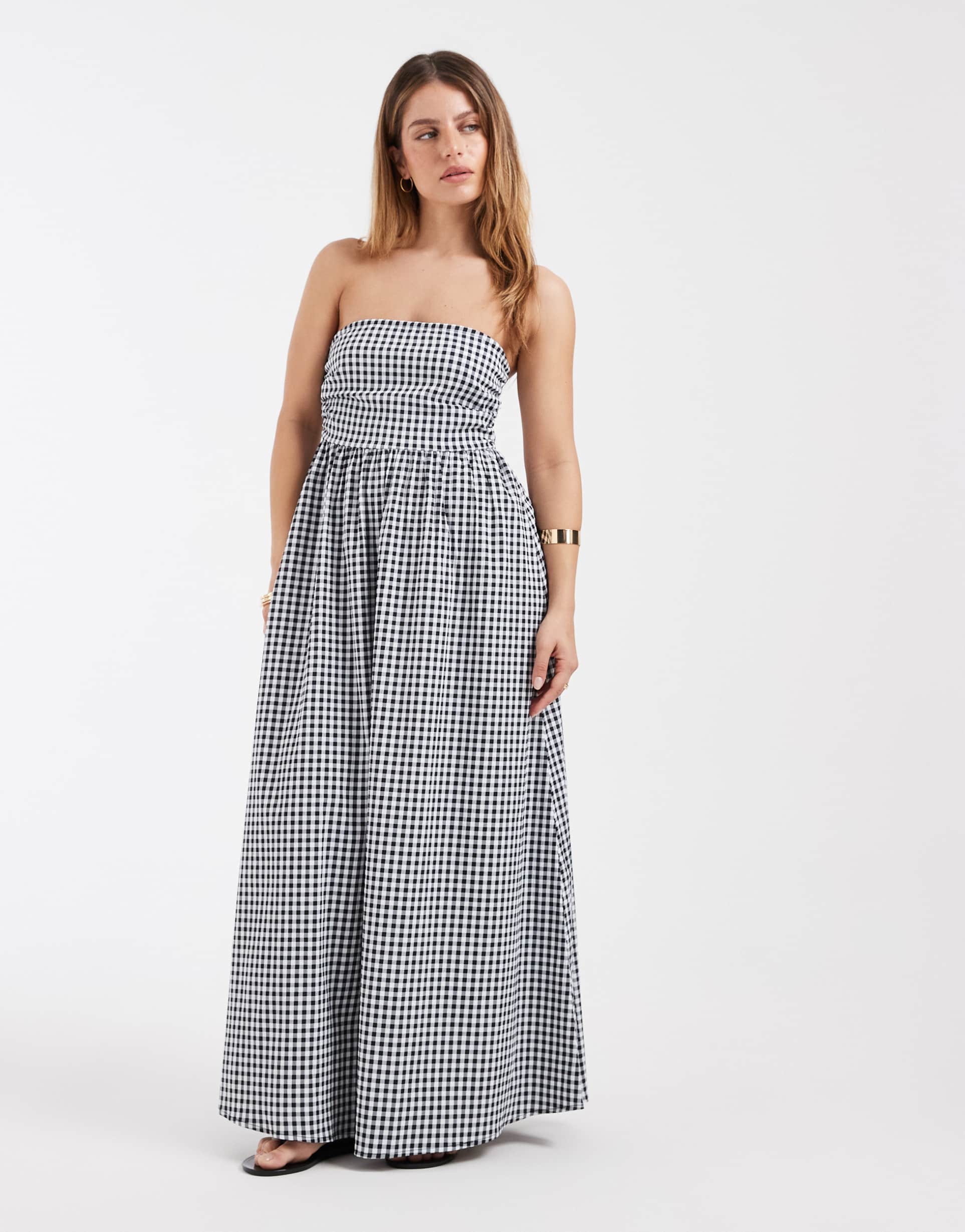 vero moda petite bandeau full skirted midi dress in black and white gingham print