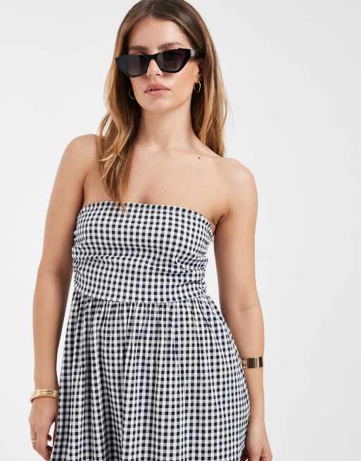 Vero Moda Petite bandeau full skirted midi dress in black and white gingham  print | ASOS