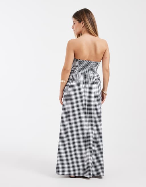 Vero Moda Petite bandeau full skirted midi dress in black and white gingham print, 4 of 4