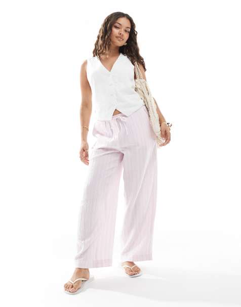 Vero Moda Petite – Baumwoll-Hose in gestreiftem Blassrosa mit weitem Bein - view 1