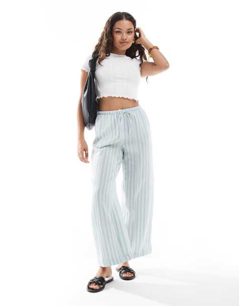 Vero Moda Petite cotton wide leg trousers in green stripe 