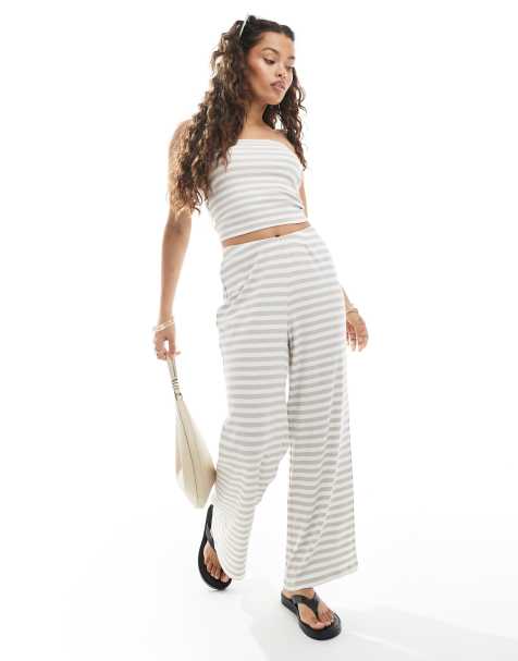 Vero Moda Petite – Beigerandiga, ribbade byxor i jersey, del av set - view 1