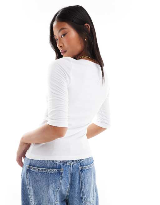 Vero Moda Petite boat neck fitted 3/4 sleeve t-shirt in white, 4 of 4