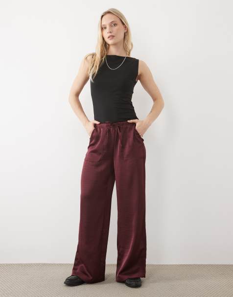 Vero Moda Petite broek met hoge taille en satijnen loose fit in bordeauxrood - view 1