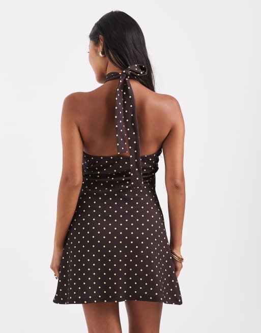 Vero Moda Petite - Brun minikjole med halterneck og gule polkaprikker, 4 af 4