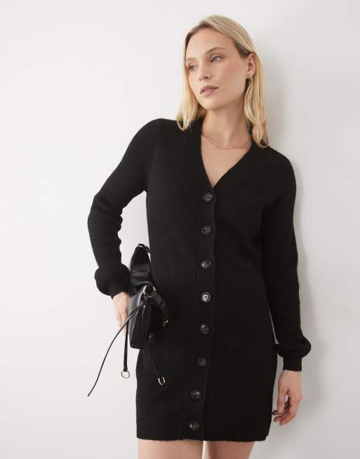 Vero Moda Petite button front balloon sleeve knitted mini dress in black melange, 3 of 5