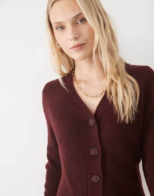 Vero Moda Petite button front balloon sleeve knitted mini dress in burgundy melange, 2 of 5