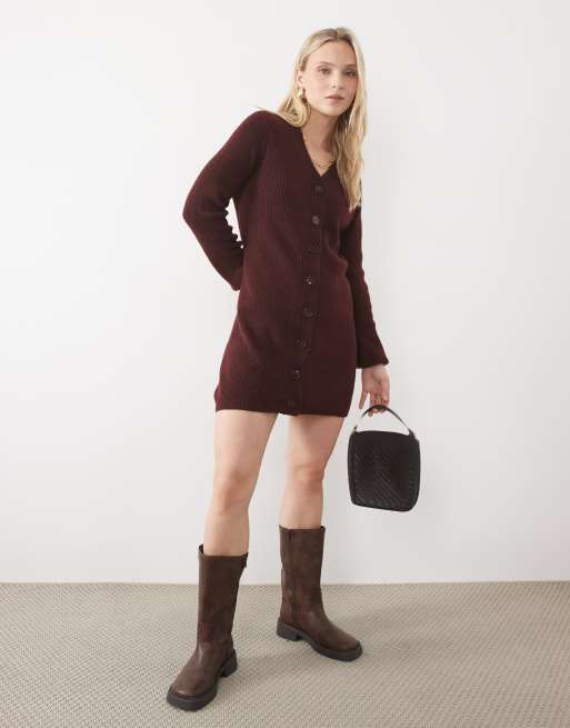Vero Moda Petite button front balloon sleeve knitted mini dress in burgundy melange, 4 of 5