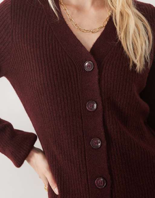 Vero Moda Petite button front balloon sleeve knitted mini dress in burgundy melange, 5 of 5