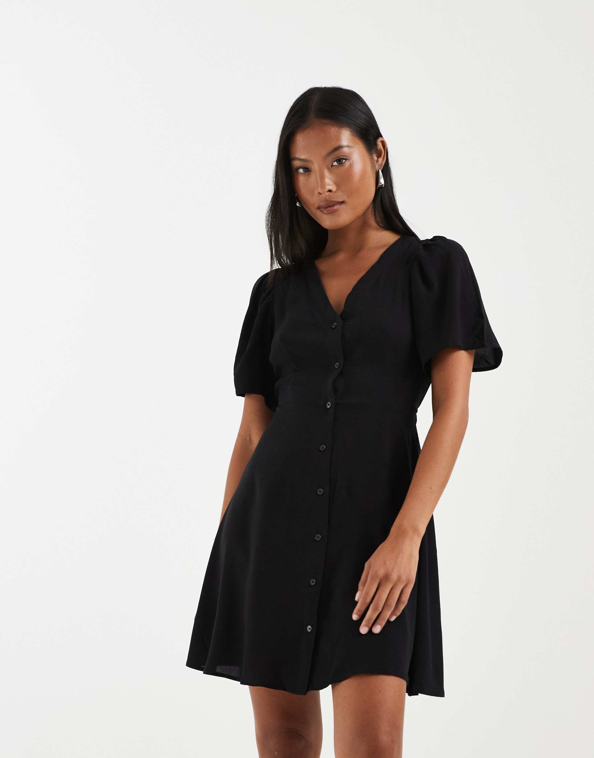 vero moda petite button up mini skater dress in black