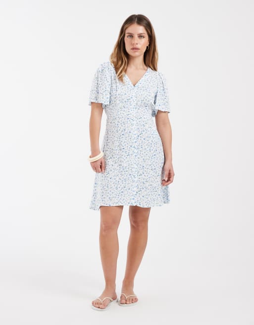 Vero Moda Petite button up mini skater dress in white based blue ditsy floral, 2 of 4