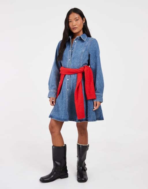 Vero Moda Petite button up seam detail denim mini dress in medium blue denim, 2 of 4
