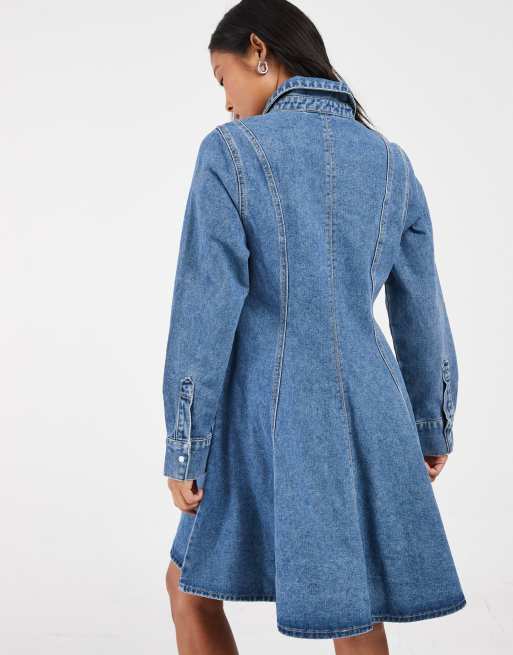 Vero Moda Petite button up seam detail denim mini dress in medium blue denim, 4 of 4