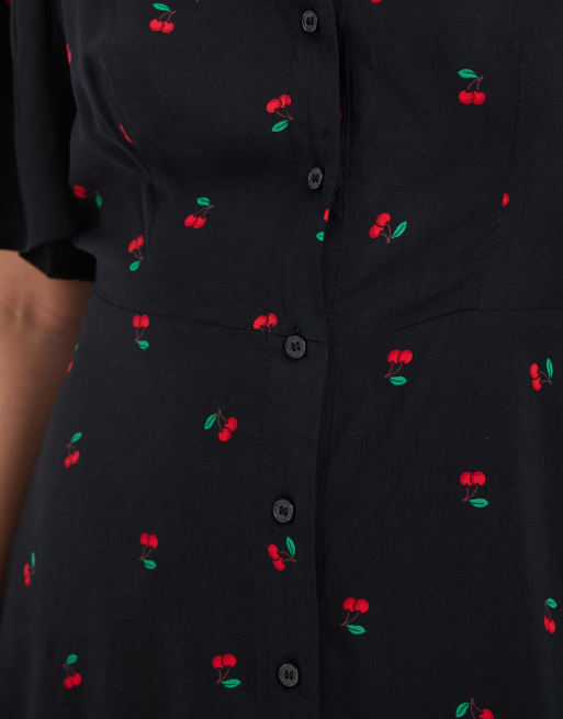 Vero Moda Petite button up skater mini dress with cherry print in black, 3 of 4