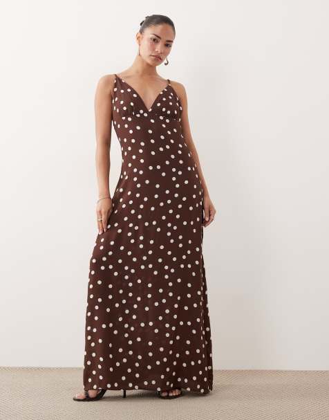 Vero Moda Petite cami maxi dress with scarf neck detail in chocolate polka dot print - view 1