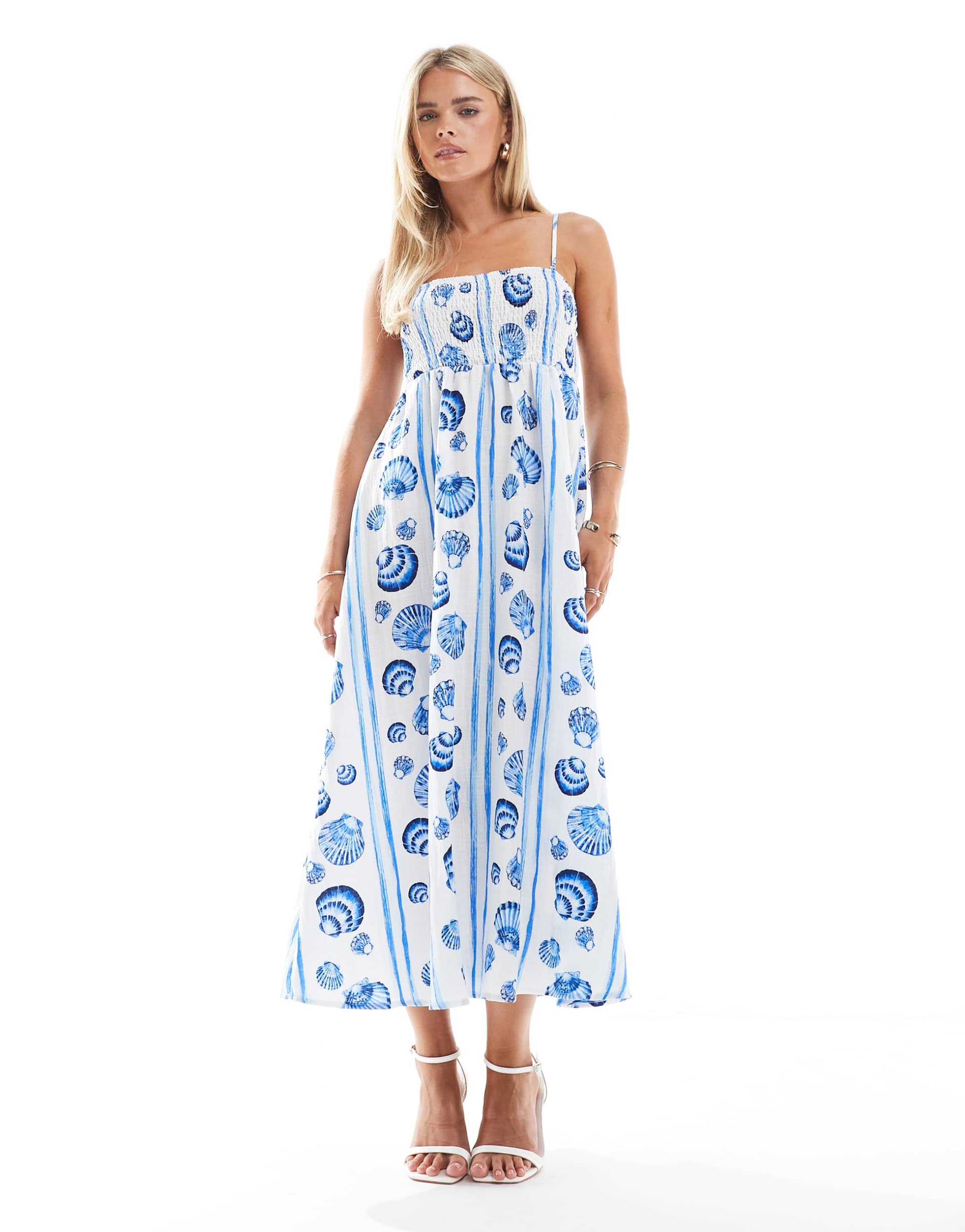 vero moda petite cami midi dress in blue seashell print