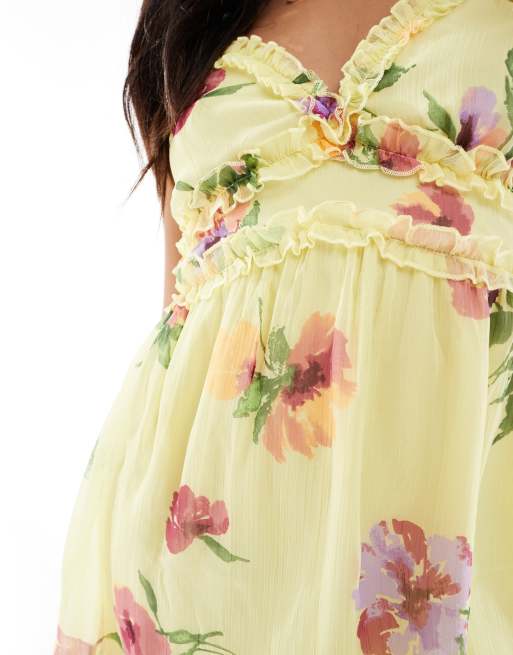 Vero Moda Petite Cami Mini Dress with Ruffle Detail in Lemon floral Yellow