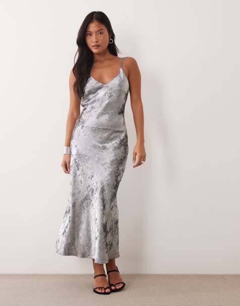 Vero Moda Petite cami strap shimmer detail maxi dress in silver