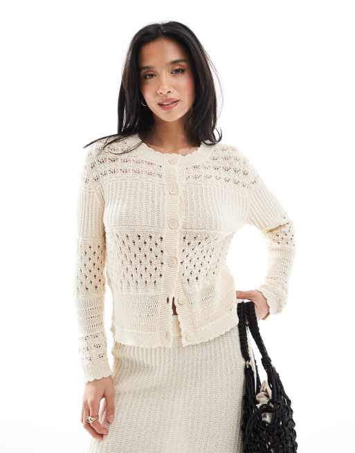 Vero Moda Petite - Cardigan color crema all'uncinetto con motivo patchwork in coordinato