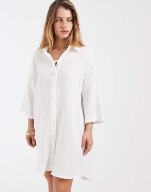 Vero Moda Petite cheesecloth textured oversized shirt dress in white, 3 of 4
