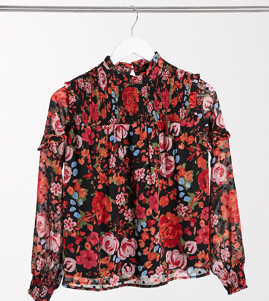 Vero Moda Petite chiffon blouse with high neck in red floral-Multi