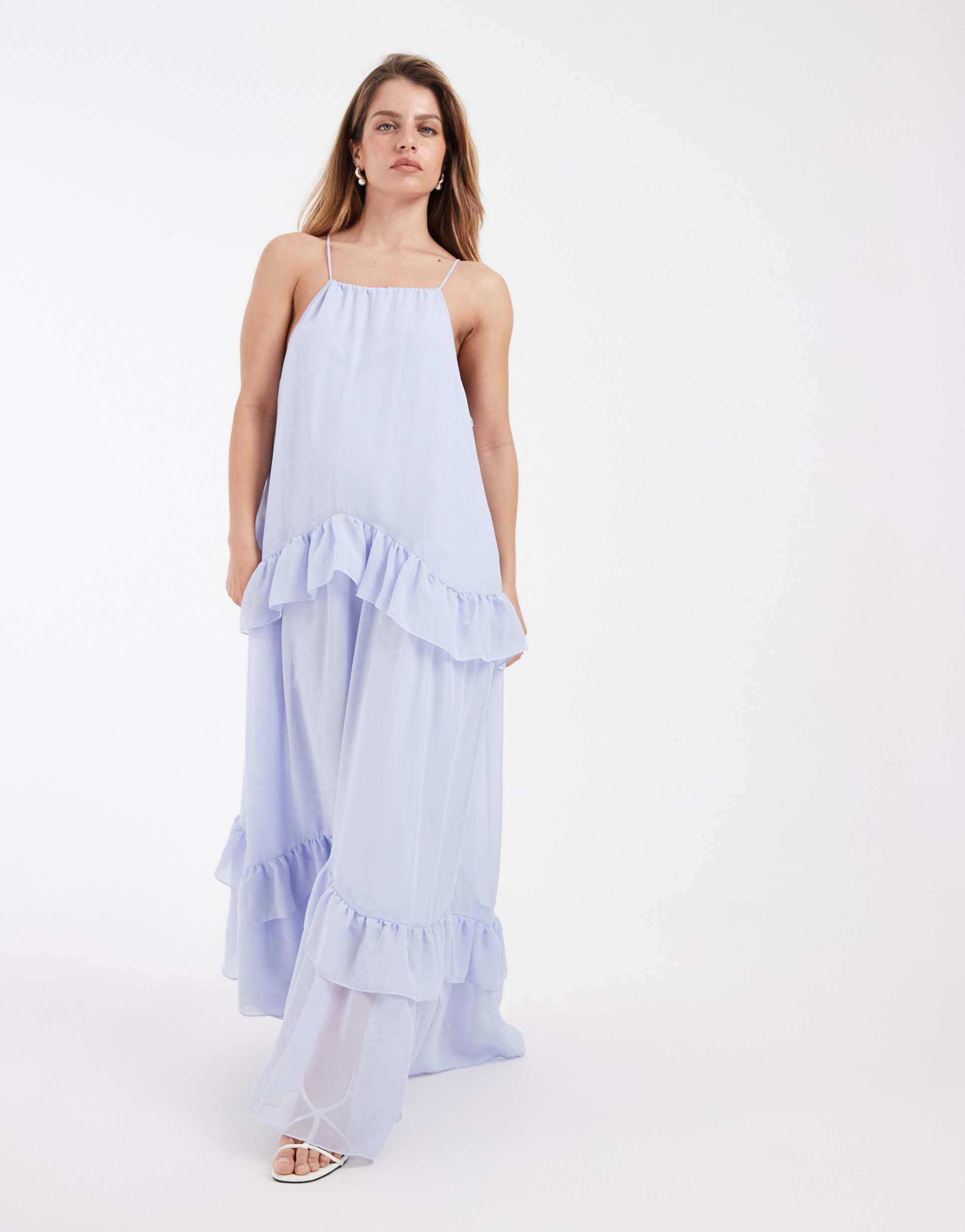 vero moda petite chiffon halter neck maxi dress with ruffle trim in lavender blue