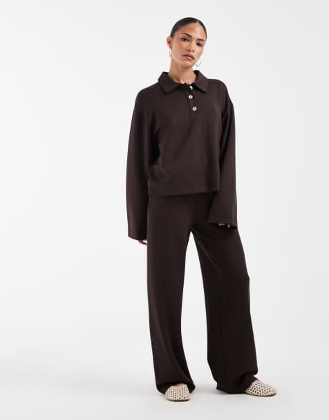 Vero Moda Petite – Chokladbrunt, supermjukt sweatshirtset med pikékrage - view 1